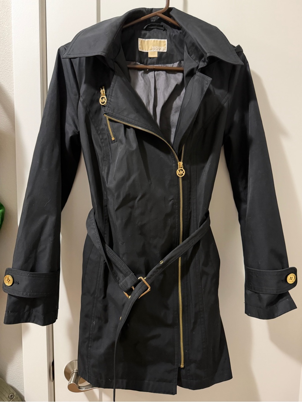 MICHAEL Michael Kors Black Trench Coat with Gold Hardware